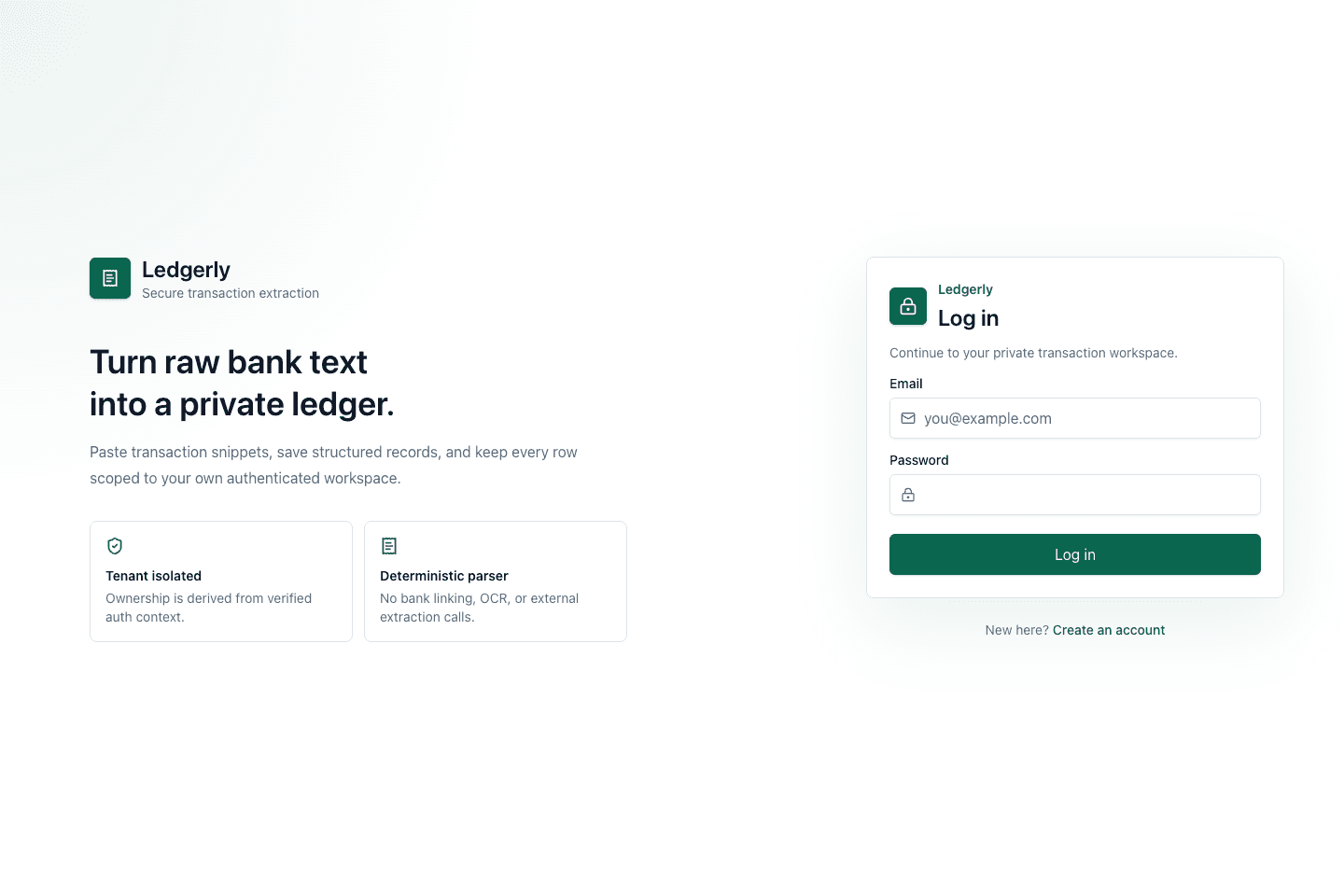 Ledgerly sign-in page describing private transaction extraction and tenant isolation