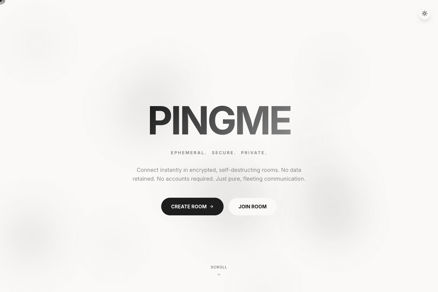 PingMe landing page offering private ephemeral chat rooms