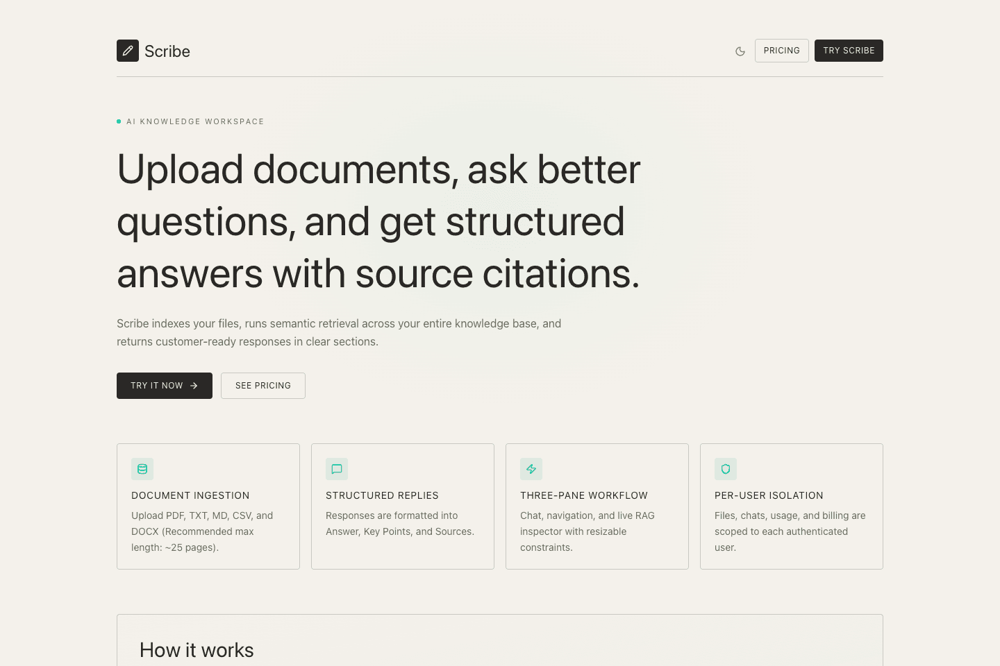 SCRIBE landing page showing its document ingestion and cited-answer workflow